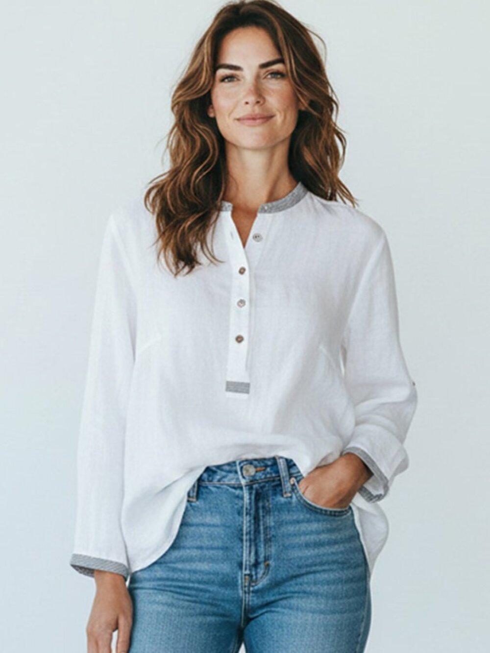 Hammerschmid 100% Linen Henley Neckline Long Sleeve Blouse White Size 2
